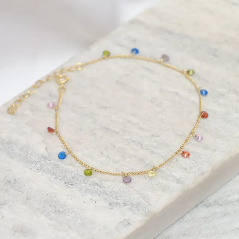 TORNOZELEIRA COM CRISTAIS COLORIDOS BANHO OURO 18K