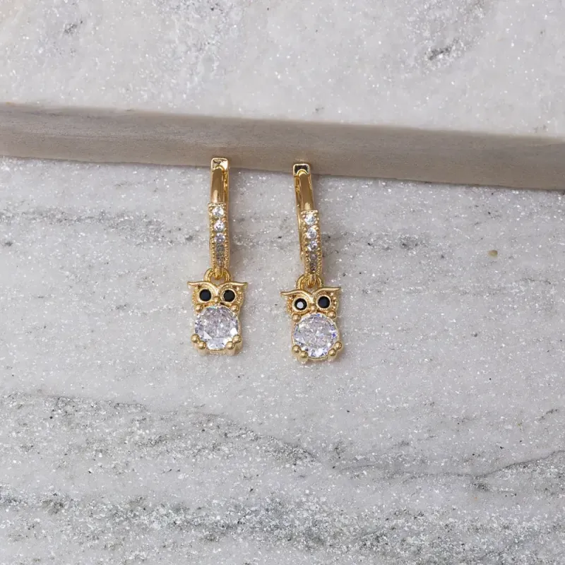 BRINCO ARGOLINHA PINGENTE CORUJA COM ZIRCÔNIA BANHO OURO 18K