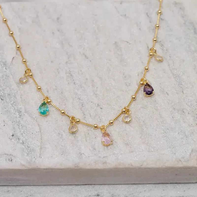 CHOKER BOLINHA COM ZIRCÔNIAS COLORIDAS BANHO OURO 18K