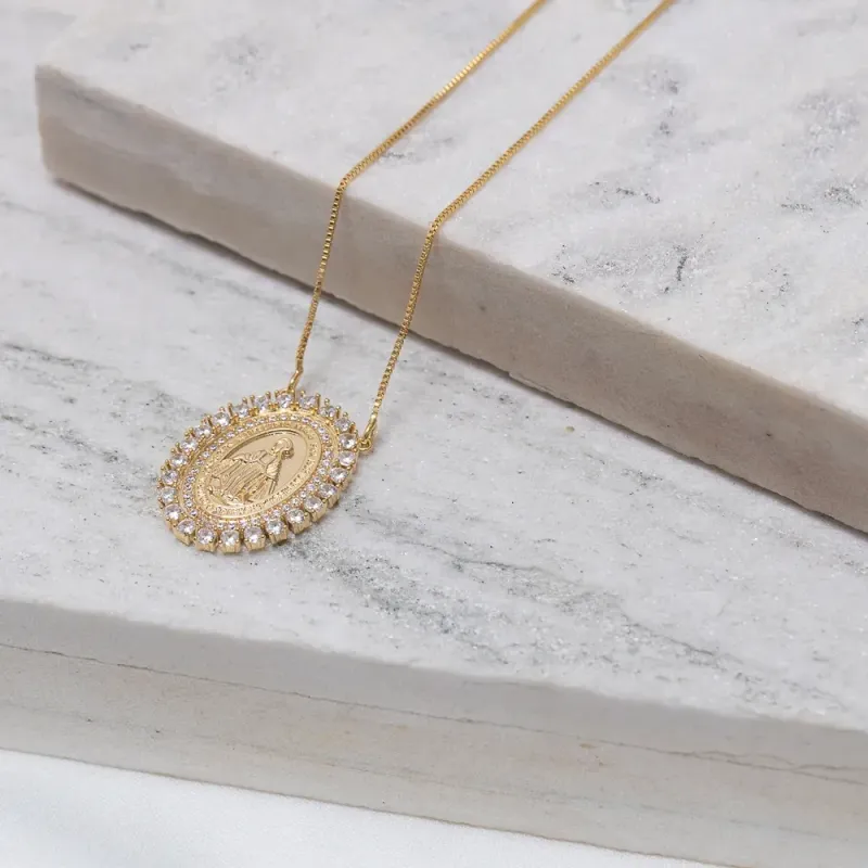 COLAR NOSSA SENHORA DAS GRAÇAS COM ZIRCÔNIA BANHO OURO 18K
