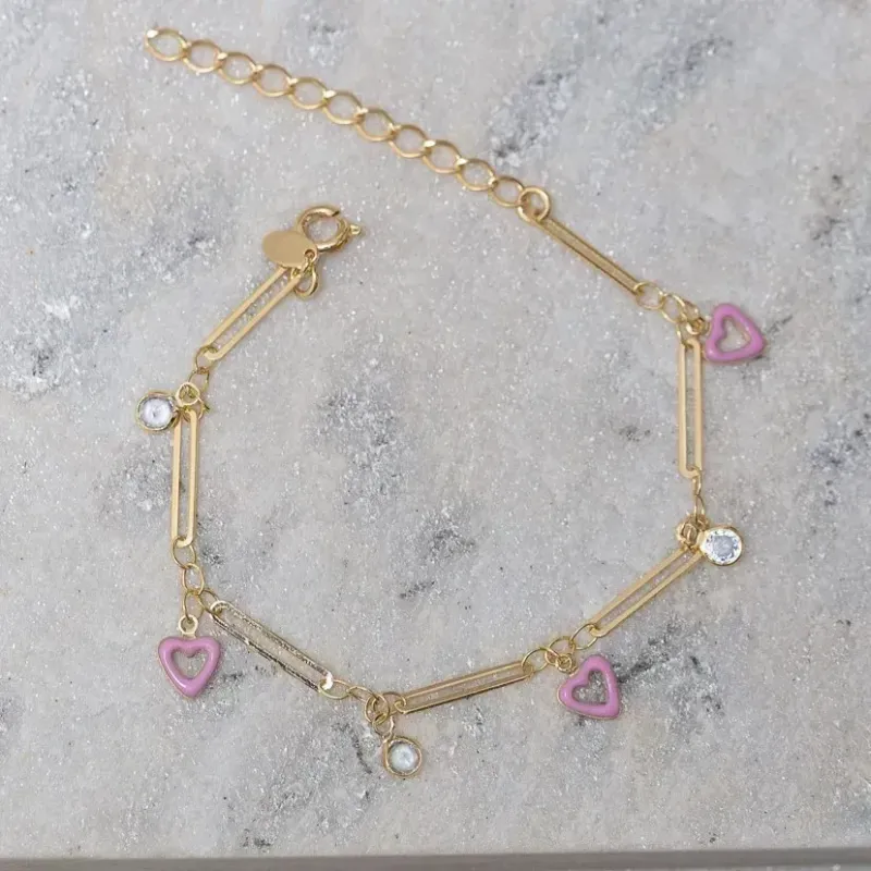 PULSEIRA CORAÇÃO ROSA COM PEDRAS CRISTAIS BANHO OURO 18K