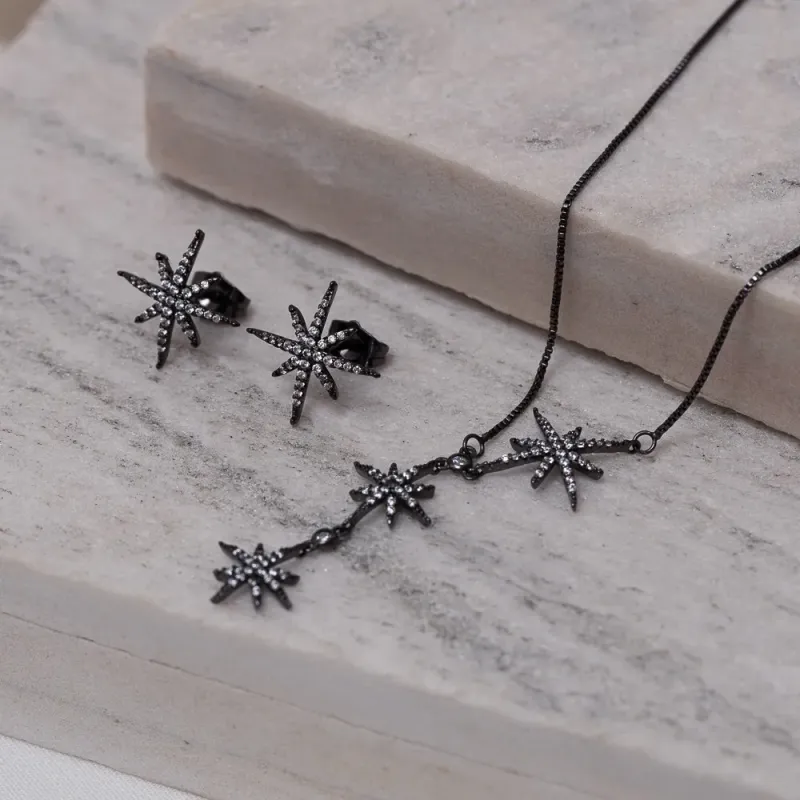 CONJUNTO ESTRELAS COM ZIRCÔNIA CRISTAL BANHO RÓDIO NEGRO