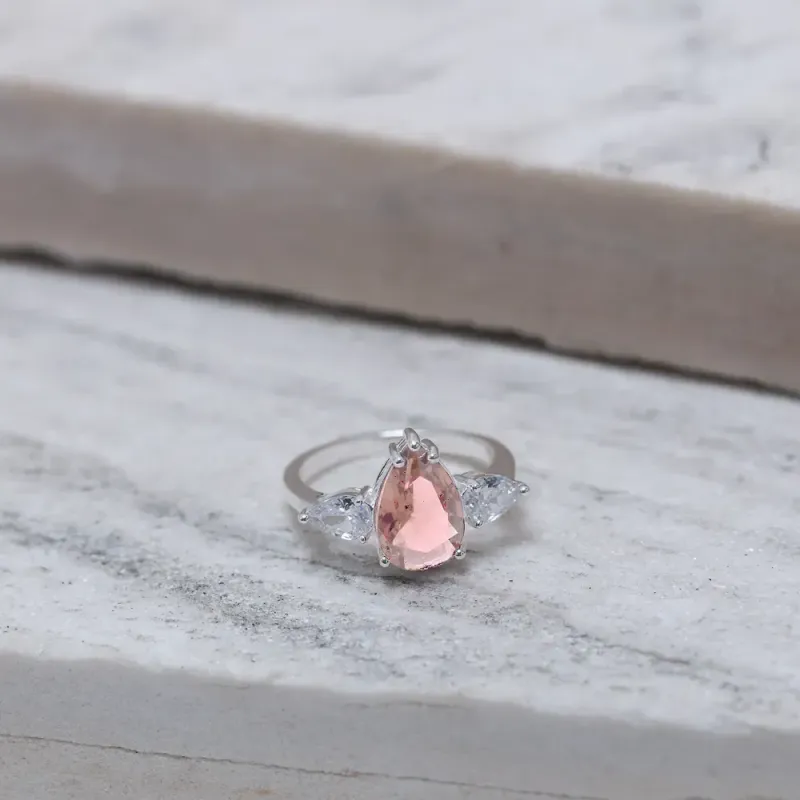 ANEL FORMATURA GOTA COM PEDRA PEACH BANHO PRATA