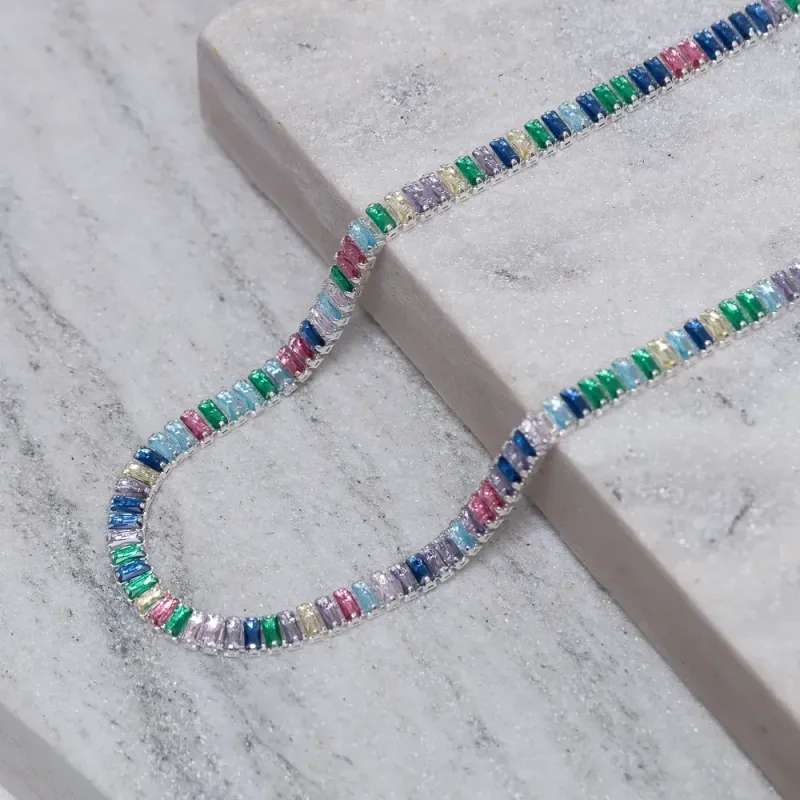 CHOKER RIVIERA COM ZIRCÔNIAS NAVETE COLORIDAS BANHO PRATA
