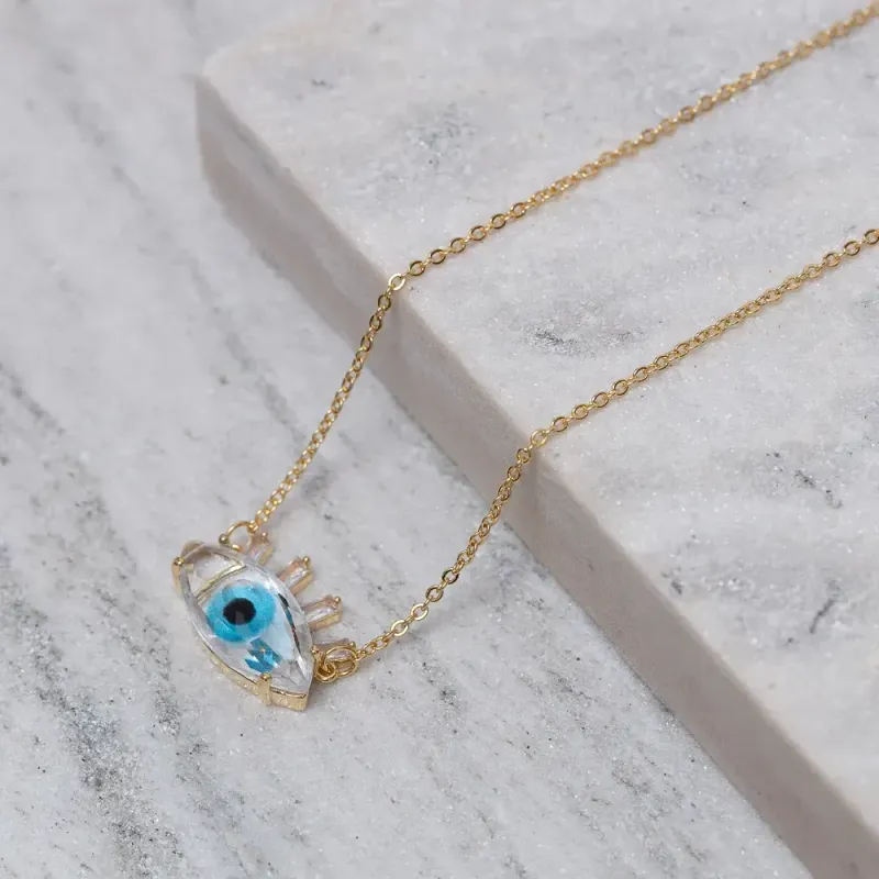 COLAR OLHO GREGO COM PEDRA CRISTAL E VERDE  BANHO OURO 18K