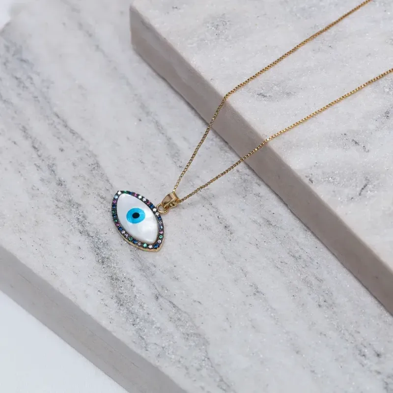 COLAR OLHO GREGO COM ZIRCÔNIAS COLORIDAS BANHO OURO 18K
