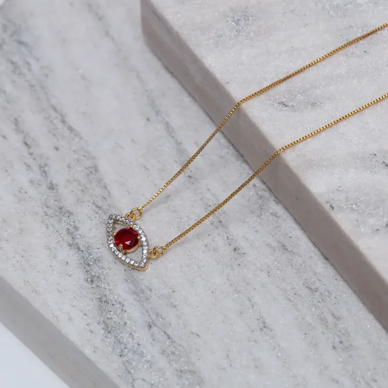 COLAR OLHO GREGO COM PEDRA VERMELHO RUBI BANHO OURO 18K