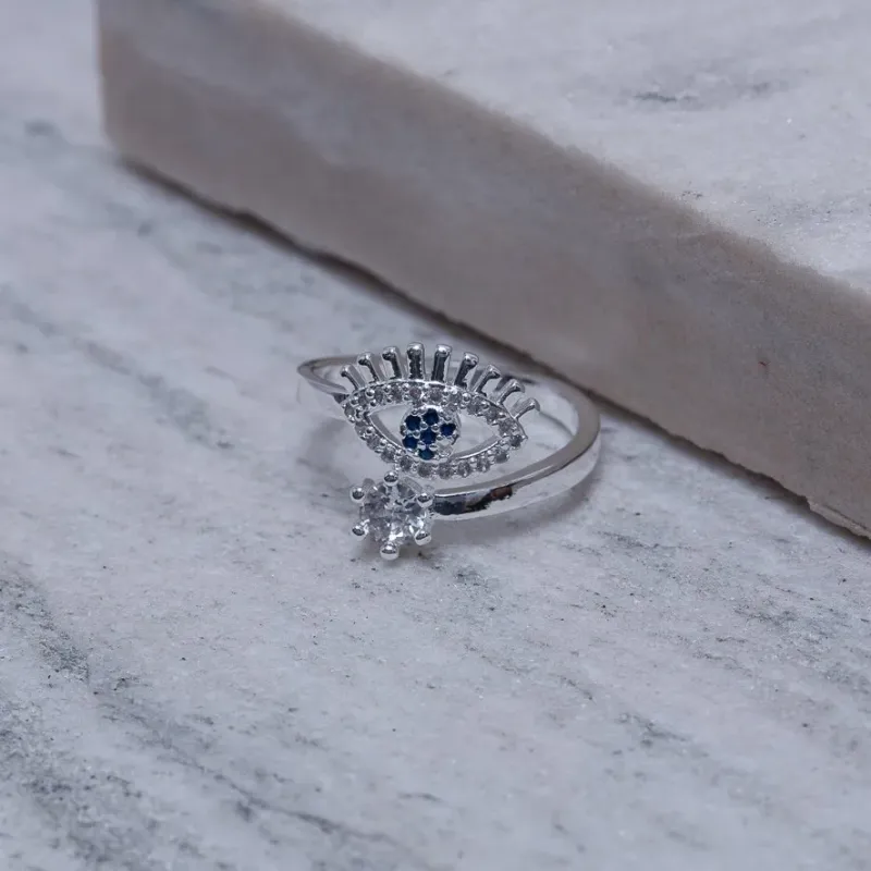 ANEL OLHO GREGO COM ZIRCÔNIA AZUL ESCURO BANHO PRATA