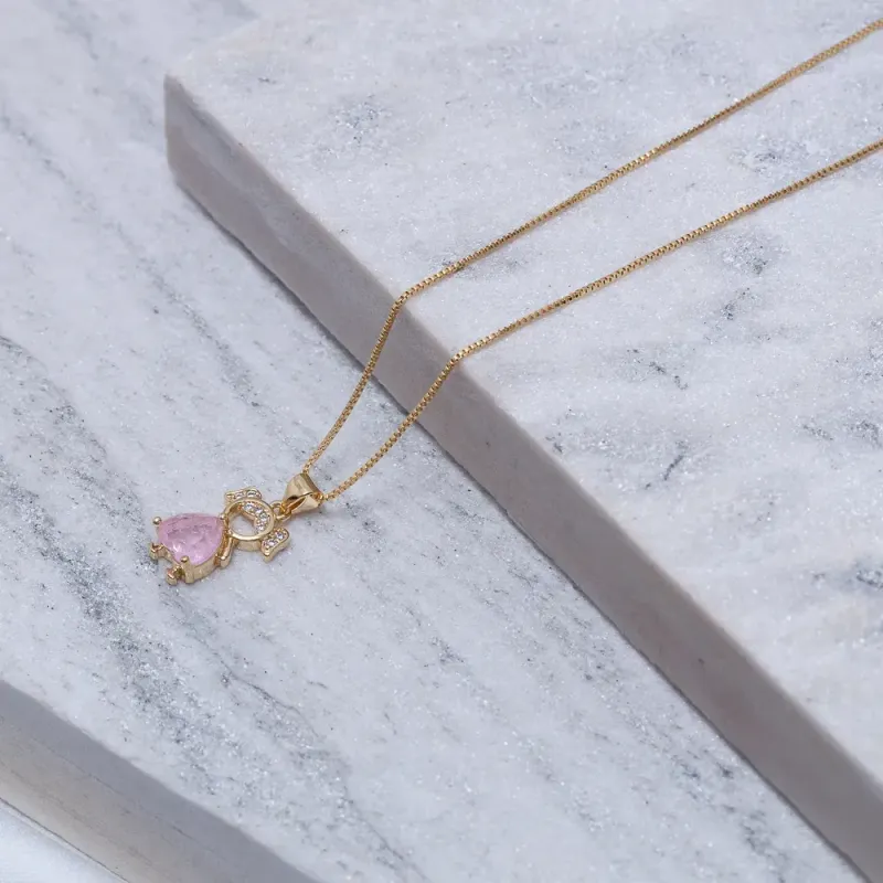 COLAR FILHOS MENINA COM PEDRA ROSA IOGURTE BANHO OURO 18K