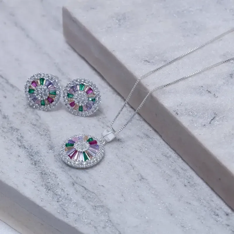 CONJUNTO PIZZA COM ZIRCÔNIAS COLORIDAS BANHO PRATA