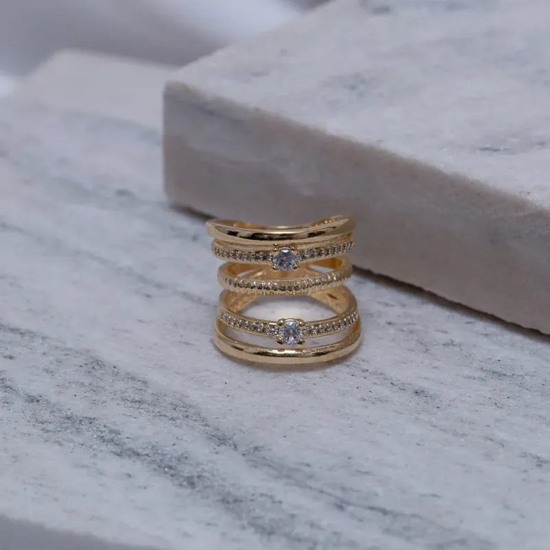 ANEL 5 AROS COM ZIRCÔNIAS CRISTAIS BANHO OURO 18K