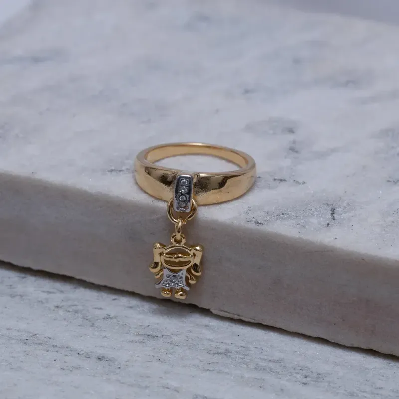 ANEL FILHOS MENINA COM CANETA RÓDIO BRANCO BANHO OURO 18K
