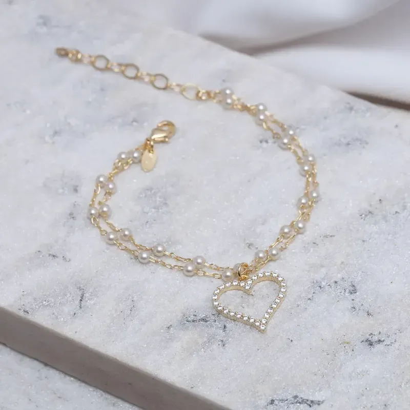 PULSEIRA CORRENTE DUPLA COM PÉROLAS E CORAÇÃO BANHO OURO 18K