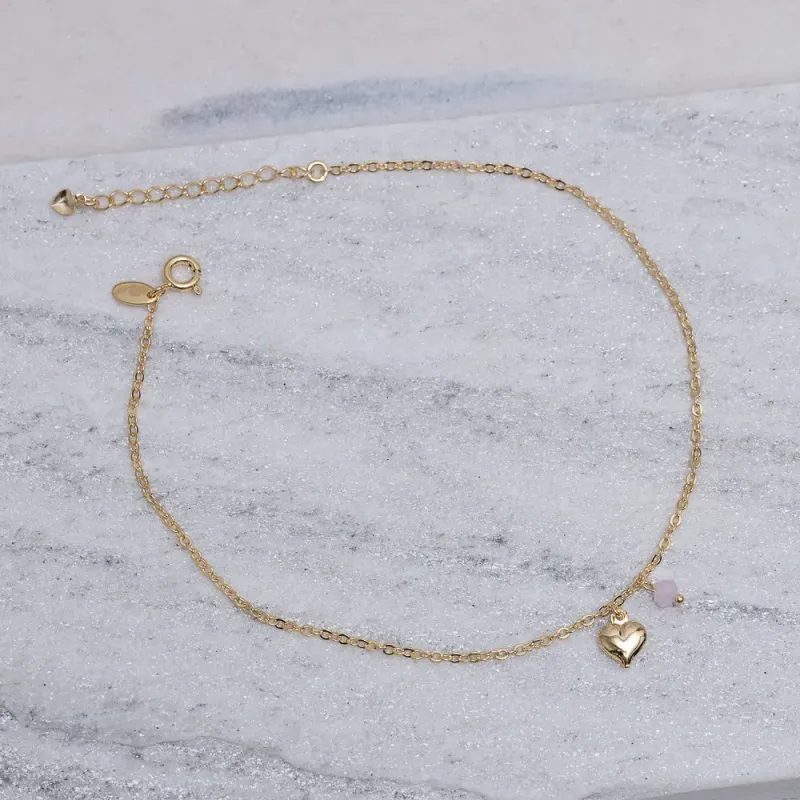 TORNOZELEIRA CORAÇÃO COM CRISTAL ROSA BANHO OURO 18K