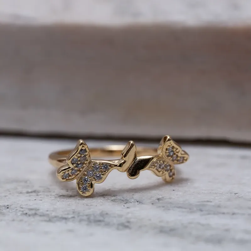 ANEL BORBOLETAS CRAVEJADAS BANHO OURO 18K