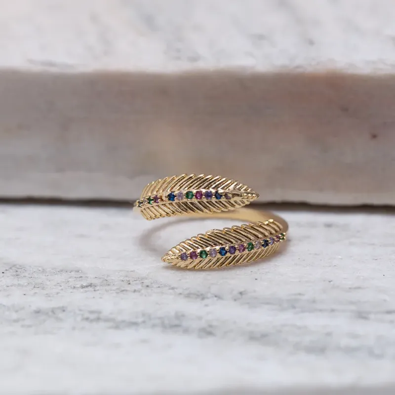 ANEL FOLHA COM ZIRCÔNIAS COLORIDAS REGULÁVEL BANHO OURO 18K