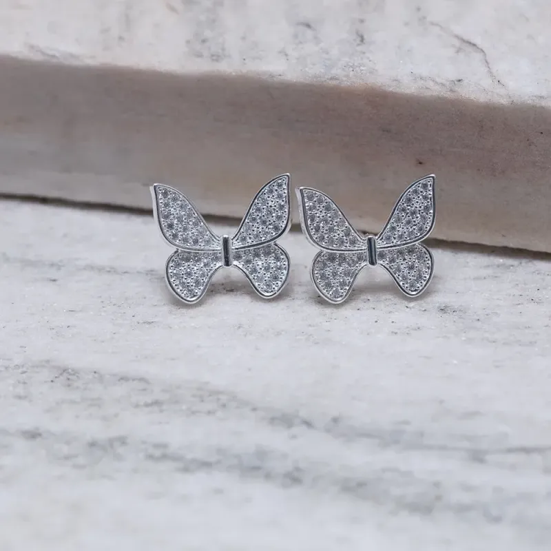 BRINCO BORBOLETA CRAVEJADA BANHO PRATA