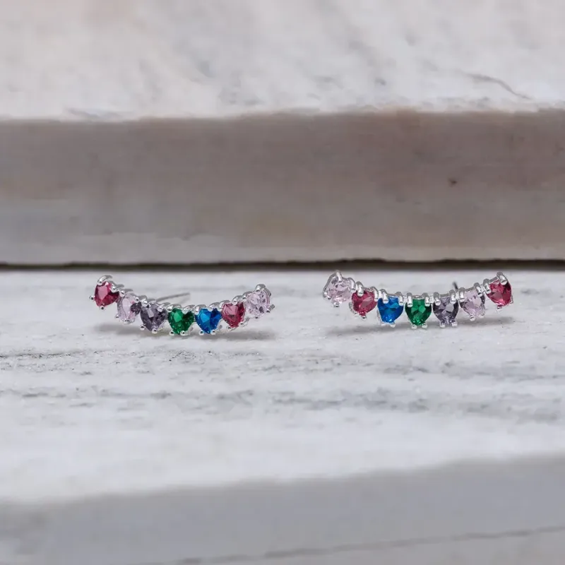 BRINCO EAR CUFF CORAÇÕES COLORIDOS BANHO PRATA