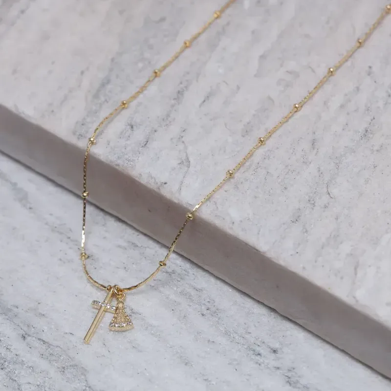 COLAR NOSSA SENHORA E CRUZ BANHO OURO 18K