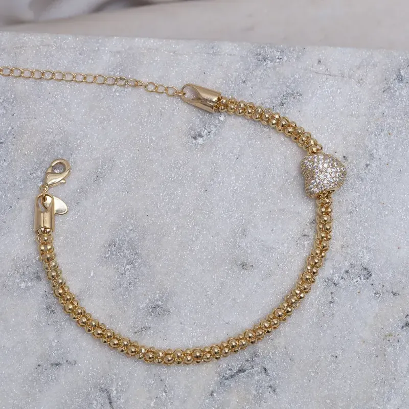 PULSEIRA OCA COM BERLOQUE CORAÇÃO CRAVEJADO BANHO OURO 18K