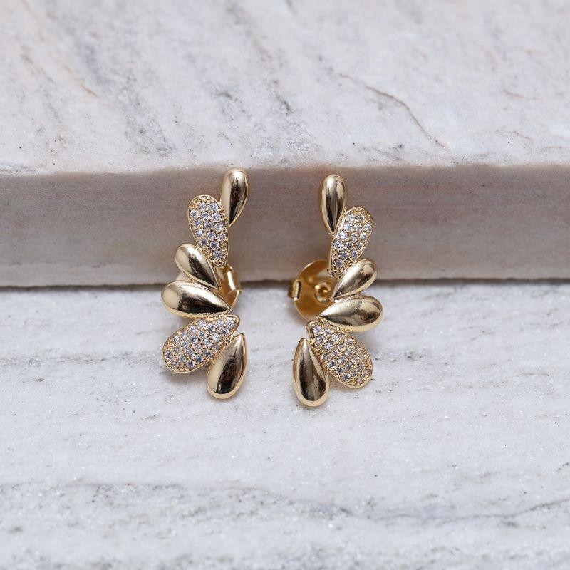 BRINCO EAR CUFF FOLHAS LISAS E CRAVEJADAS BANHO OURO 18K