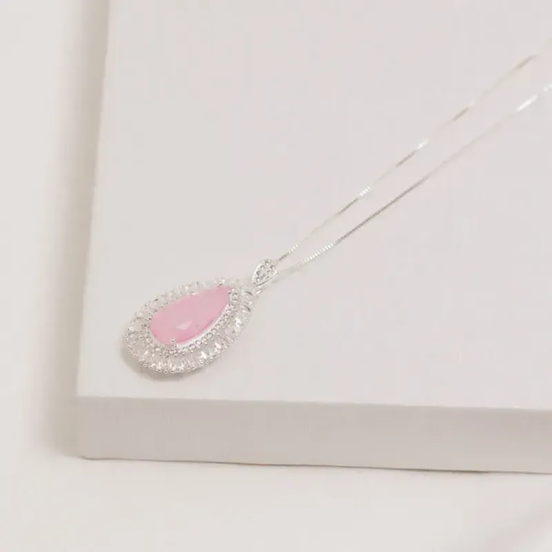 COLAR GOTA COM ZIRCÔNIAS E PEDRA ROSA CLARO M BANHO PRATA