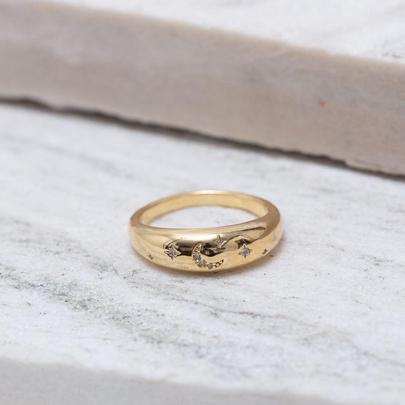 ANEL COM ESTRELAS E LUA CRISTAL BANHO OURO 18K
