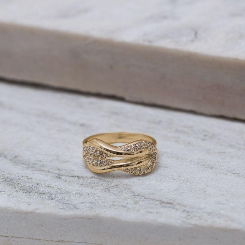 ANEL NÓ LUXO CRAVEJADO COM ZIRCÔNIAS BANHO OURO 18K