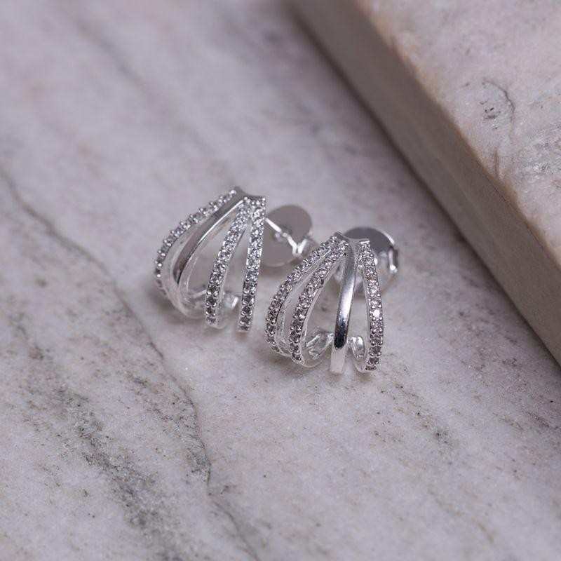 BRINCO MEIA ARGOLA QUATRO AROS LISO E COM ZIRCÔNIA BANHO PRATA