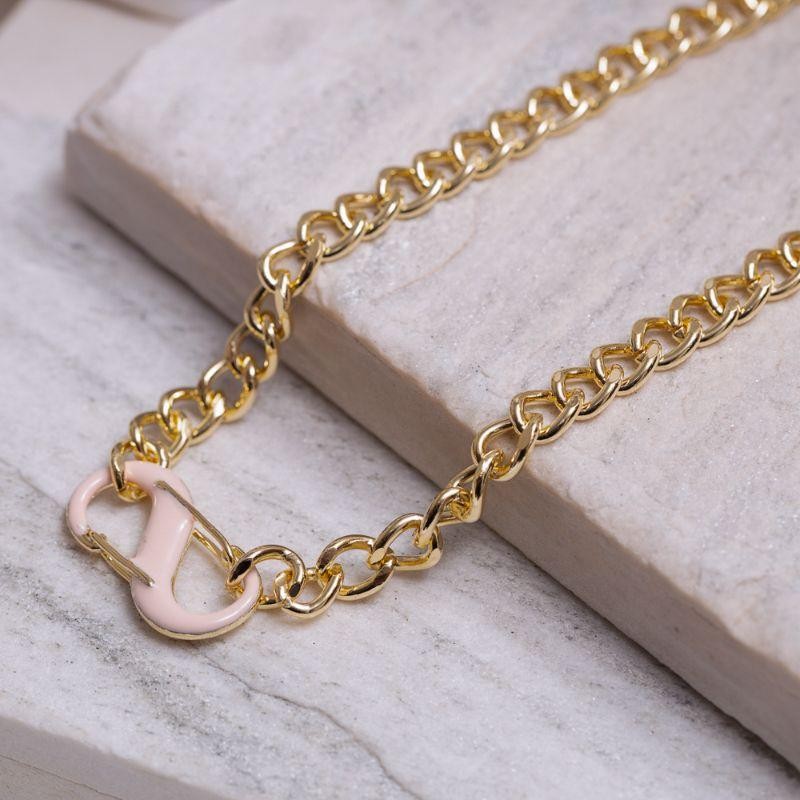 COLAR CORRENTE COM FECHO ESMALTADO ROSA BANHO OURO 18K