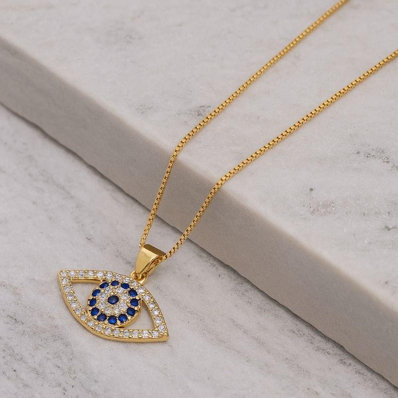 COLAR OLHO GREGO COM ZIRCÔNIAS AZUL ESCUROS BANHO OURO 18K
