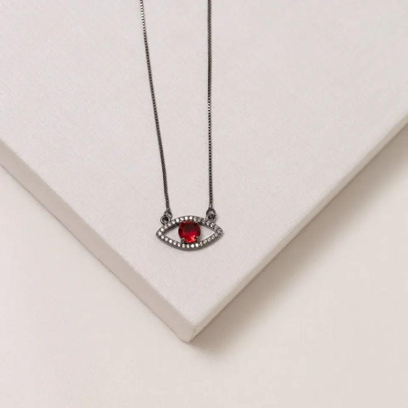 COLAR OLHO GREGO COM PEDRA VERMELHO RUBI BANHO RÓDIO NEGRO