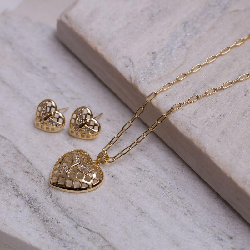 CONJUNTO CORAÇÃO ESPÍRITO SANTO BANHO OURO 18K