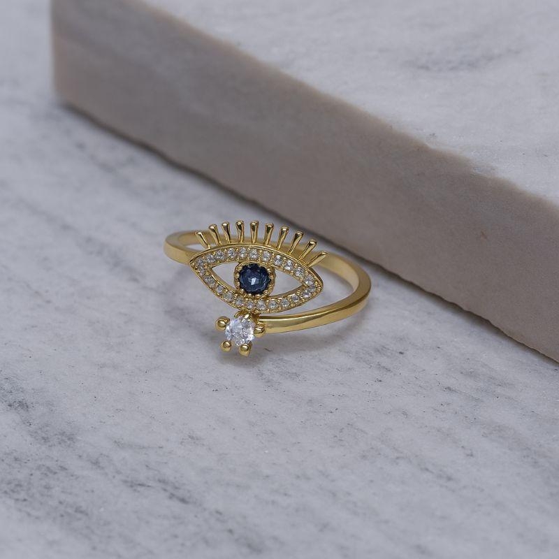 ANEL OLHO GREGO ZIRCÔNIA AZUL ESCURO BANHO OURO 18K