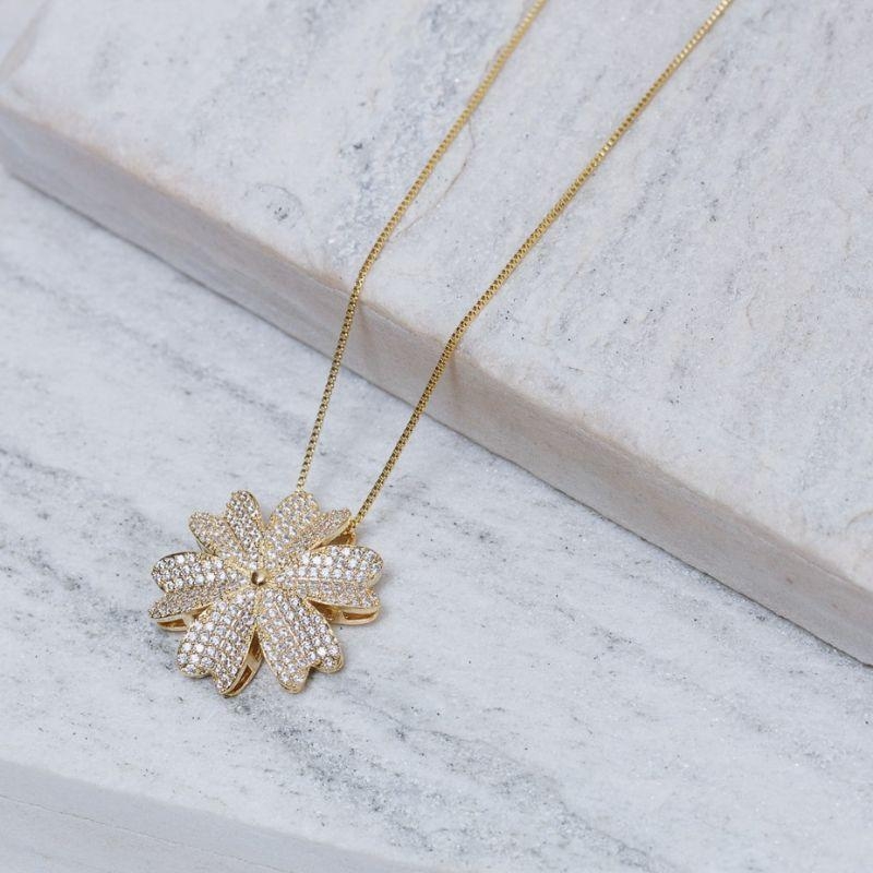 COLAR FLOR DE LANTANA CRISTAL BANHO OURO 18K