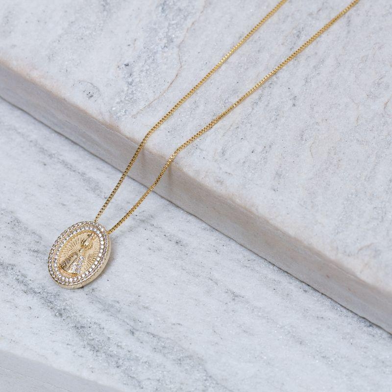 COLAR MEDALHA NOSSA SENHORA CRISTAL BANHO OURO 18K