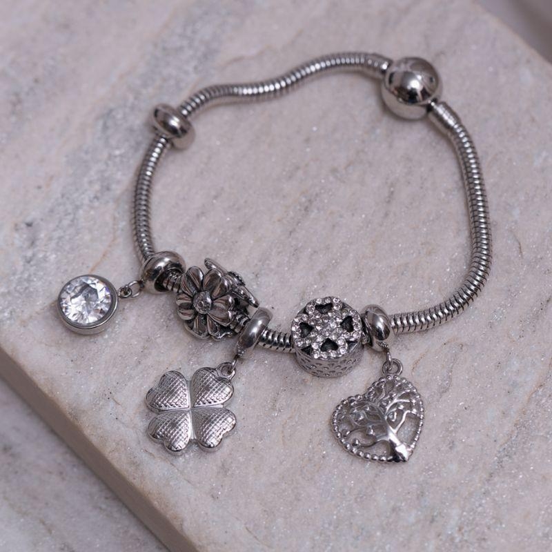 PULSEIRA 5 BERLOQUES PINGENTES DA SORTE 18CM AÇO INOX