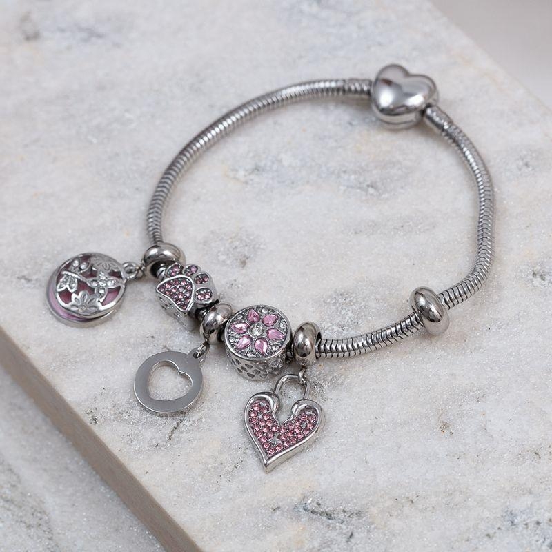 PULSEIRA 6 BERLOQUES COM ZIRCÔNIAS ROSA AÇO INOX