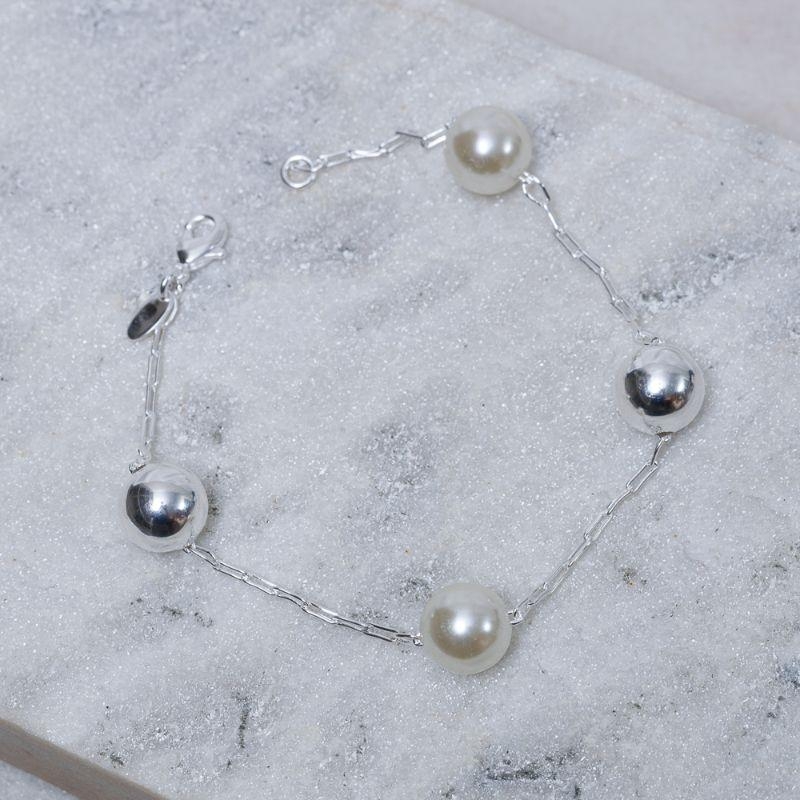 PULSEIRA BOLA LISA E COM PÉROLAS BANHO PRATA