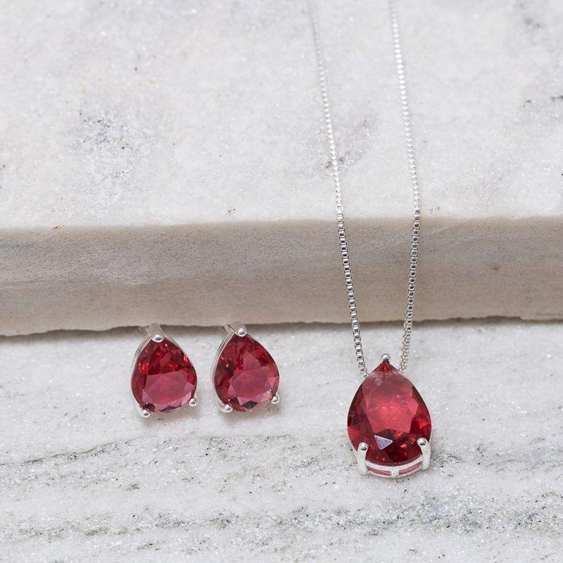 CONJUNTO GOTA P COM PEDRA VERMELHO RUBI BANHO PRATA