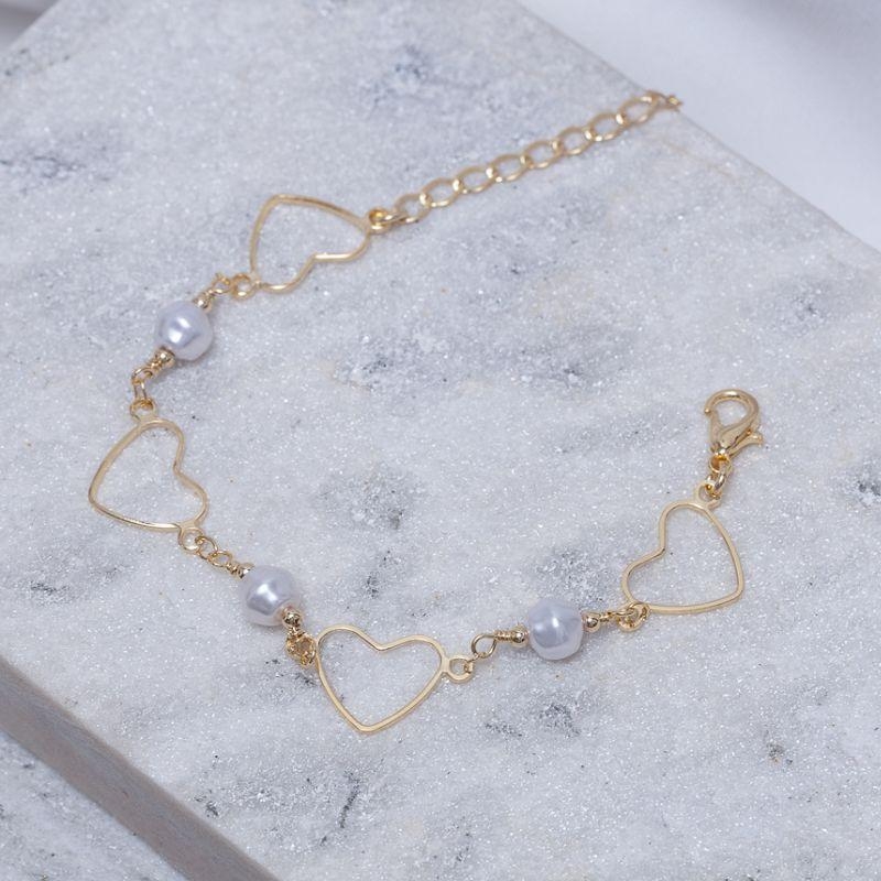PULSEIRA CORAÇÕES VAZADOS E PÉROLAS BANHO OURO 18K