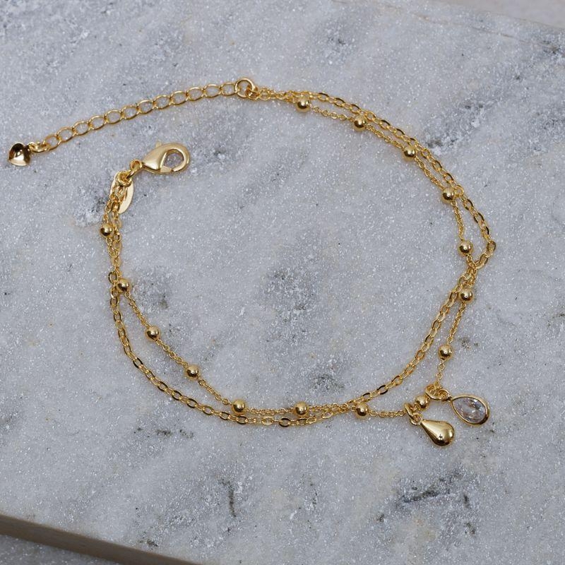 PULSEIRA DUPLA BOLINHAS E GOTA CRISTAL BANHO OURO 18K