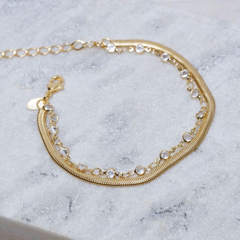 PULSEIRA DUPLA FIO ALEMÃO E CRISTAIS BANHO OURO 18K