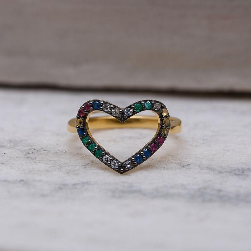 ANEL CORAÇÃO VAZADO ZIRCÔNIA COLORIDO BANHO OURO 18K