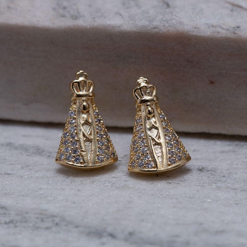 BRINCO NOSSA SENHORA CRAVEJADA BANHO OURO 18K