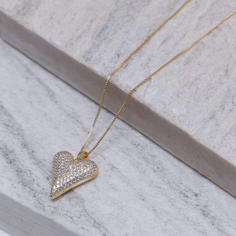 COLAR CORAÇÃO PUFFER CRAVEJADO BANHO OURO 18K