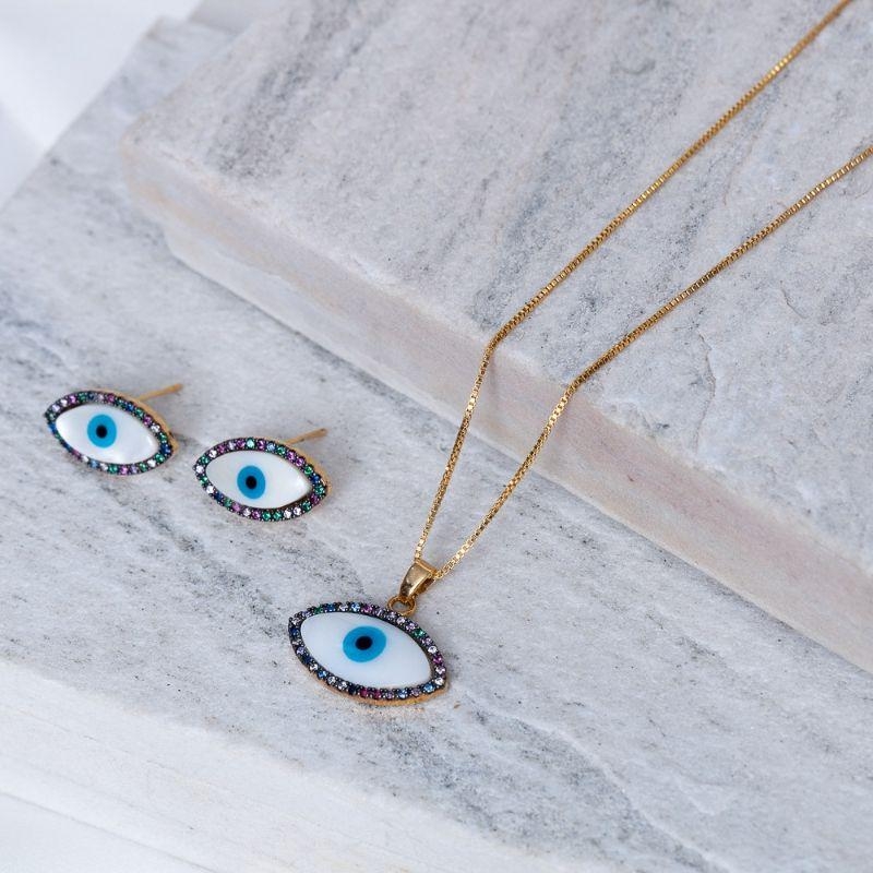 CONJUNTO OLHO GREGO ZIRCÔNIA COLORIDAS BANHO OURO 18K