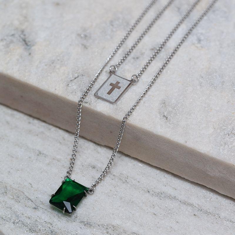 CORRENTE ESCAPULÁRIO CRUZ COM PEDRA VERDE ESMERALDA AÇO INOX
