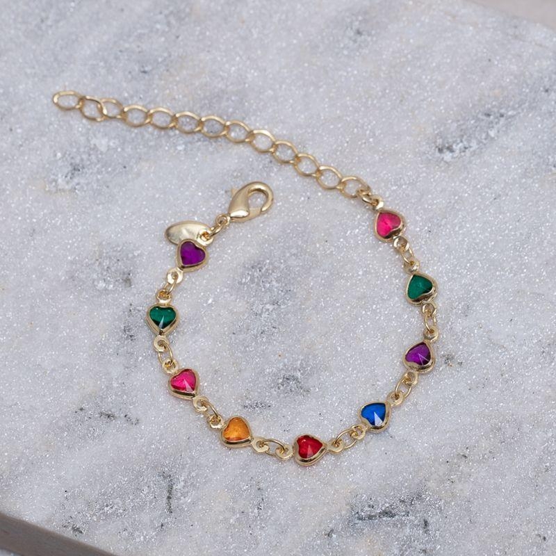 PULSEIRA INFANTIL CORAÇÕES COLORIDOS BANHO OURO 18K