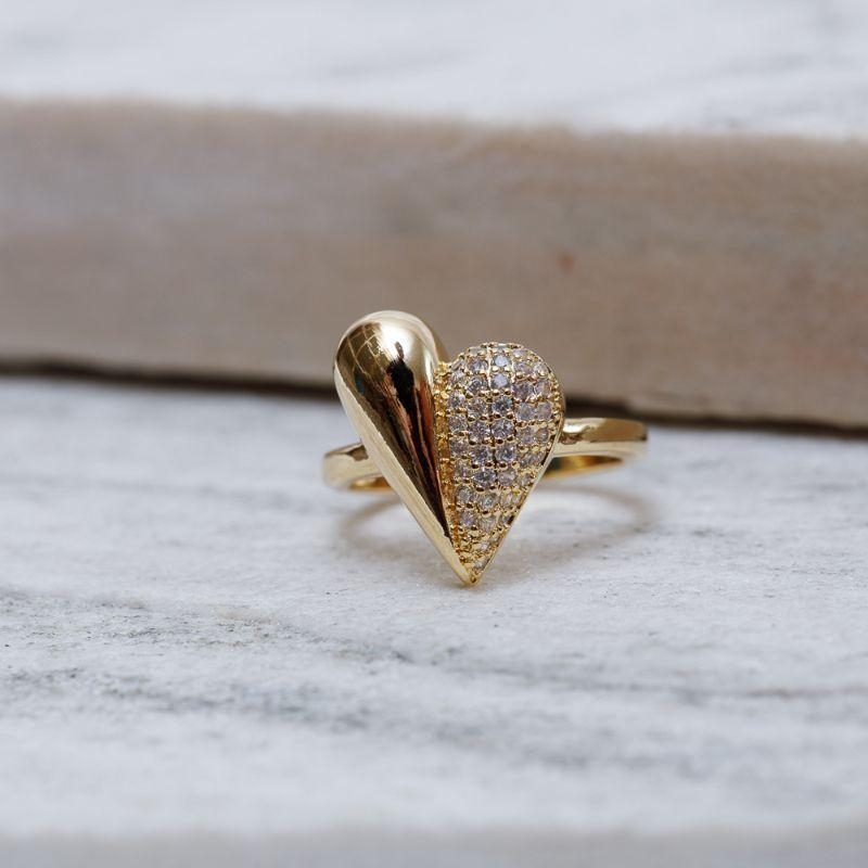 ANEL CORAÇÃO LISO E CRAVEJADO BANHO OURO 18K